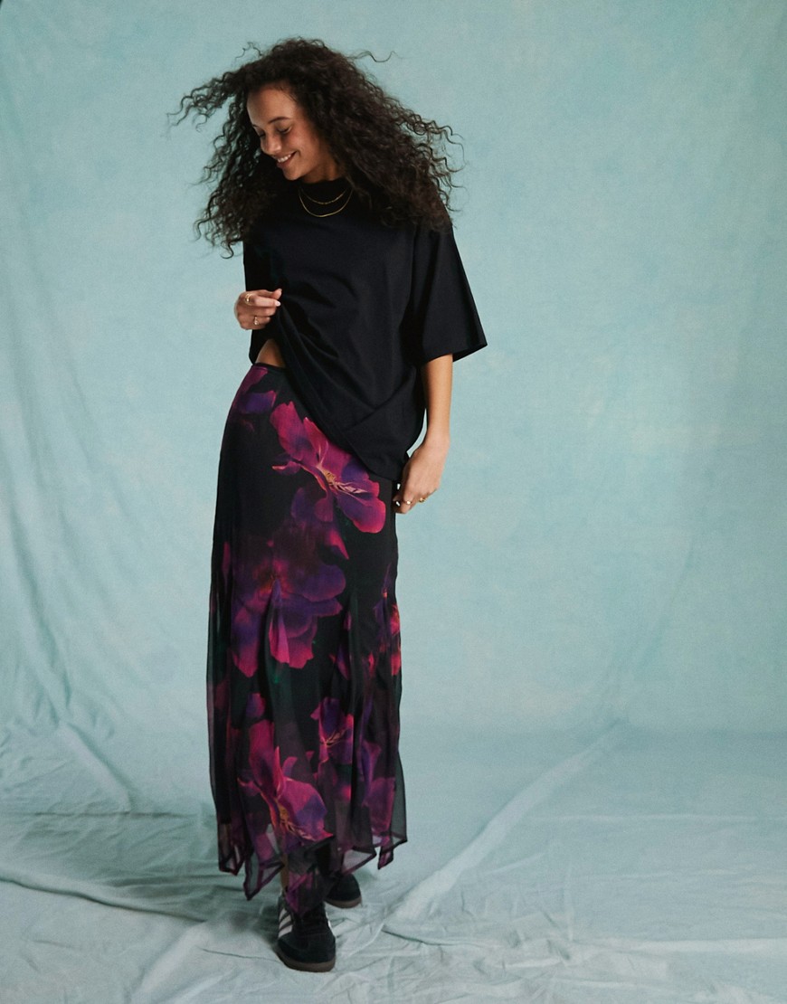 Miss Selfridge chiffon godet maxi skirt in oversized floral-Multi
