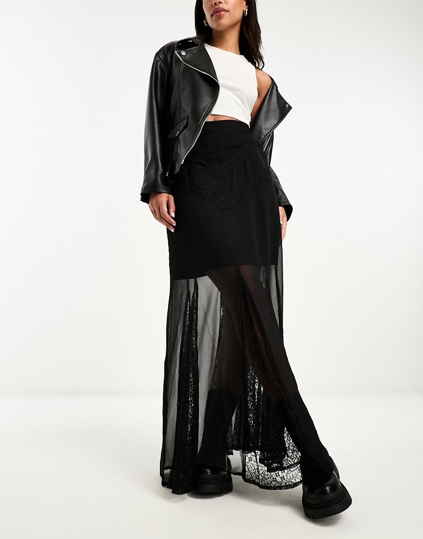 Miss Selfridge chiffon lace insert godet maxi skirt-Black