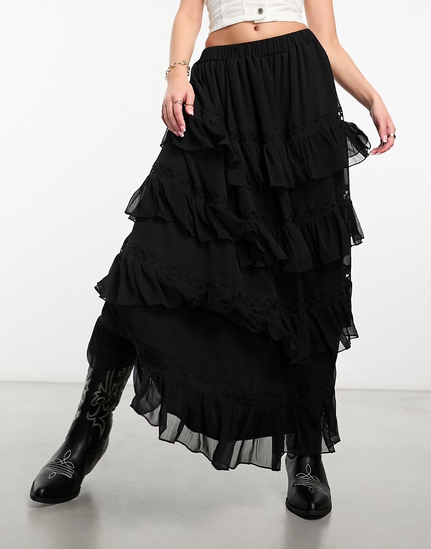 Miss Selfridge chiffon ruffle lace insert maxi skirt-Black