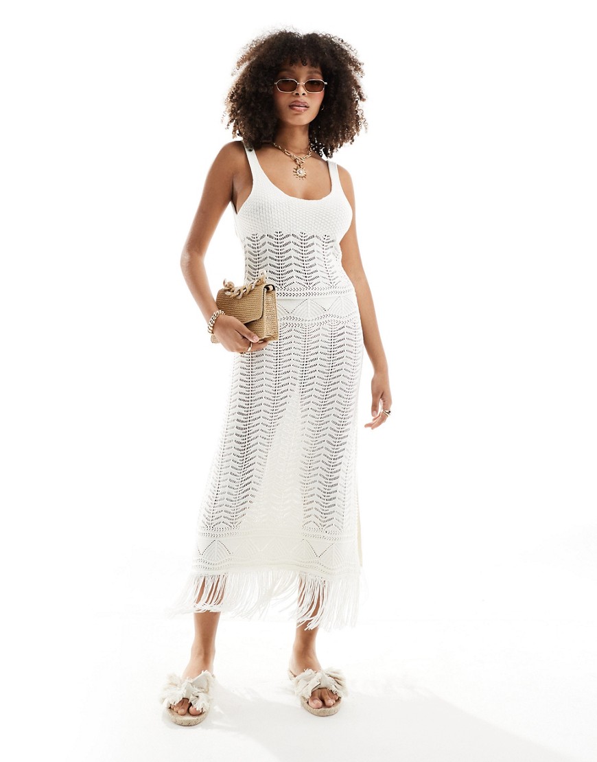 Miss Selfridge crochet fringe maxi dress in cream-White