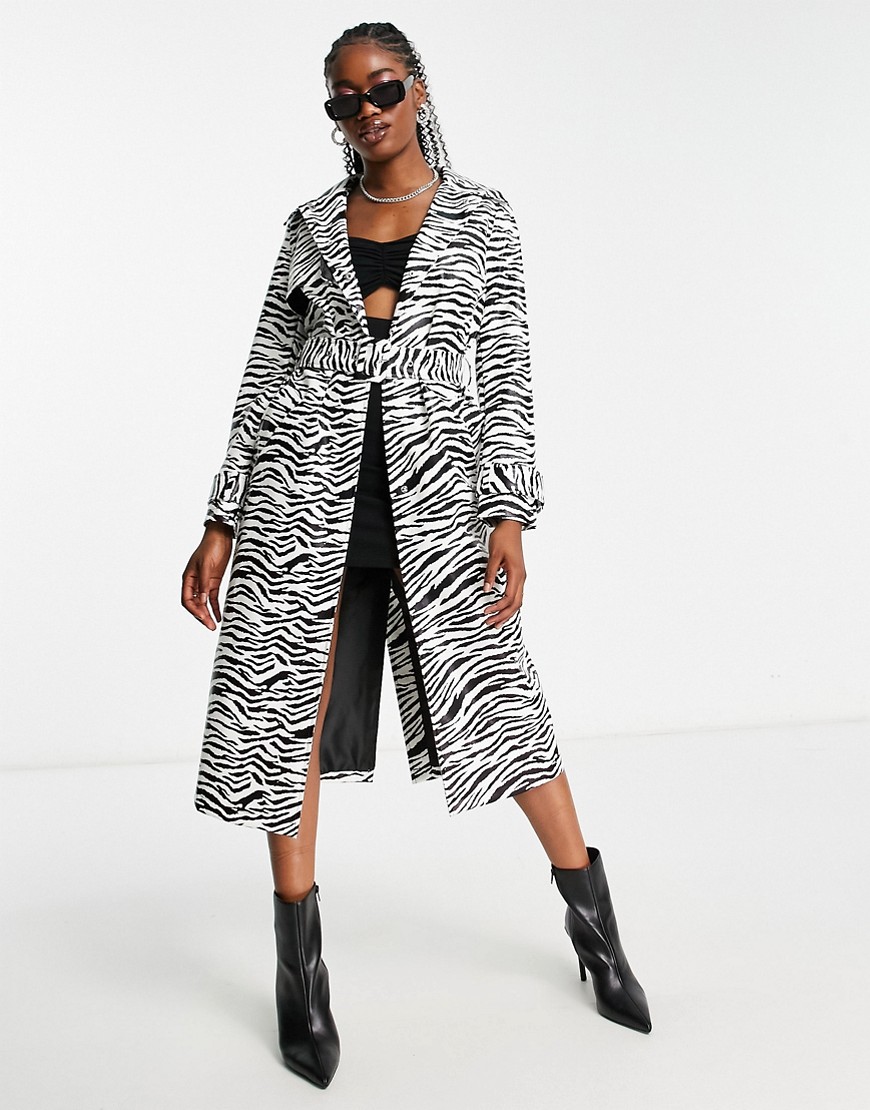 Miss Selfridge faux leather belted trench coat in zebra print-Multi