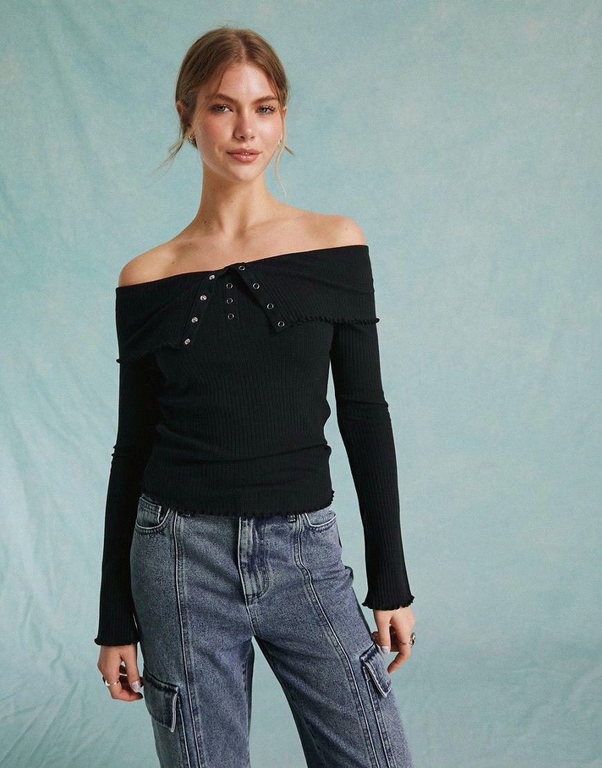Miss Selfridge folded bardot top with poppers in black