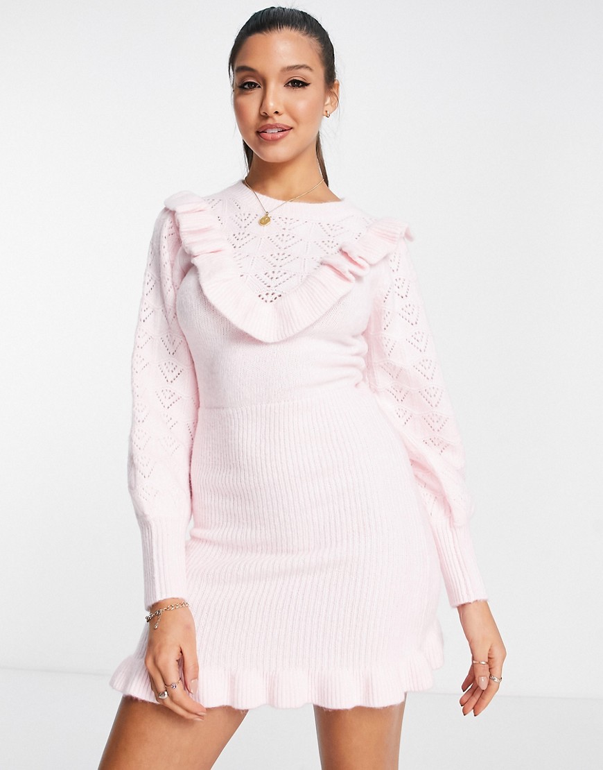 Miss Selfridge heritage pointelle ruffle dress in pink