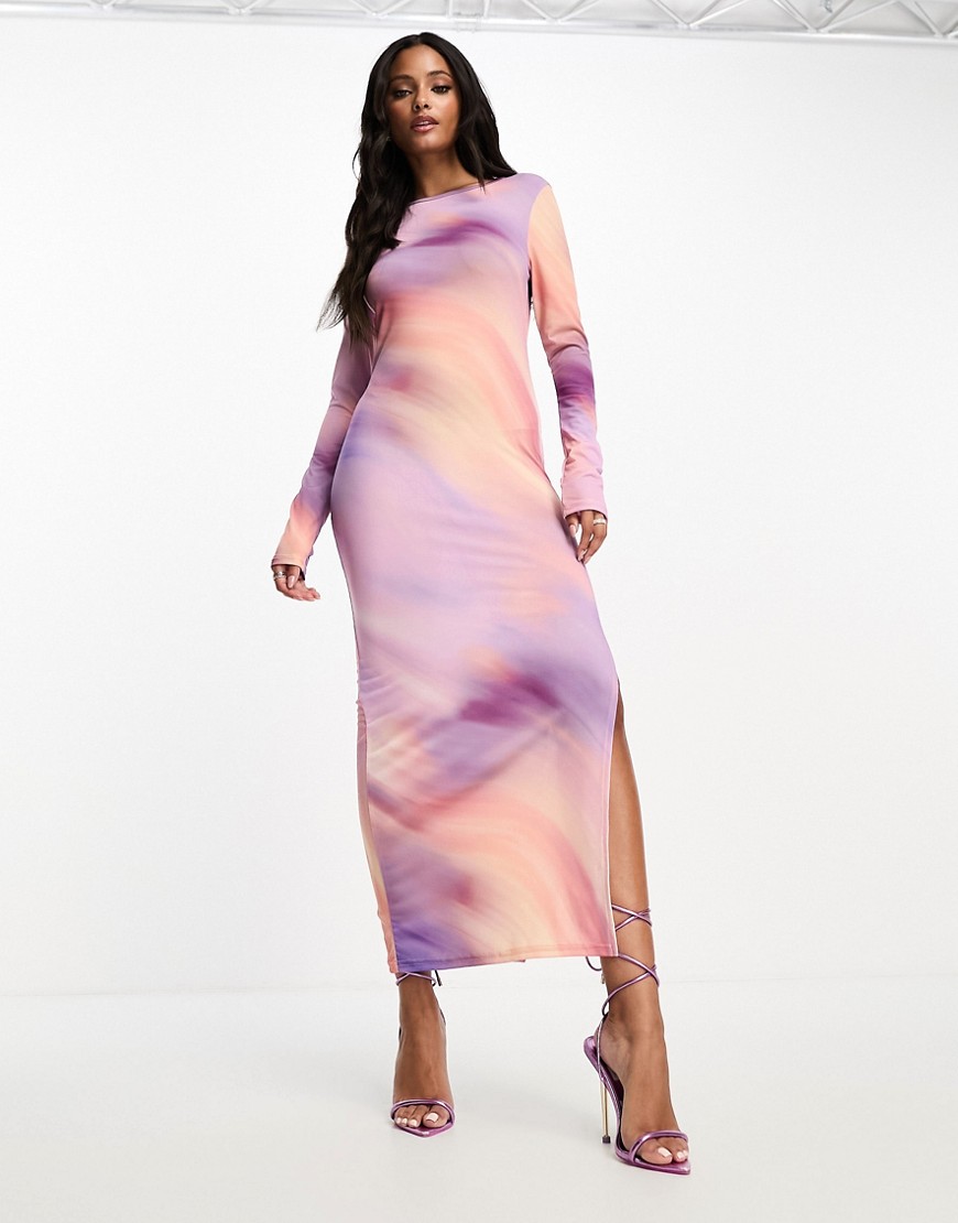 Miss Selfridge long sleeve maxi dress in ombre print-Multi