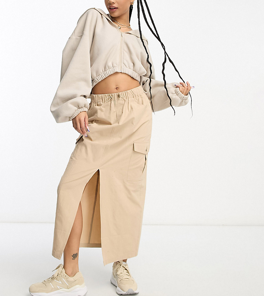 Miss Selfridge Petite cargo pocket maxi skirt in tan-Brown