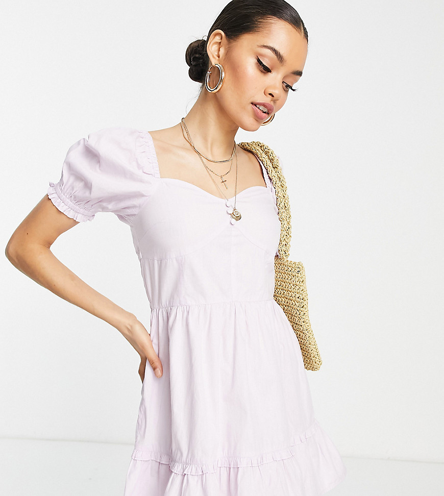 Miss Selfridge Petite poplin milkmaid fit and flare mini dress in lilac-Purple