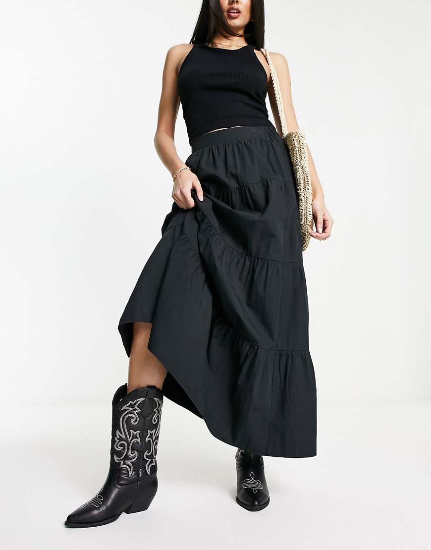 Miss Selfridge poplin tiered maxi skirt in black
