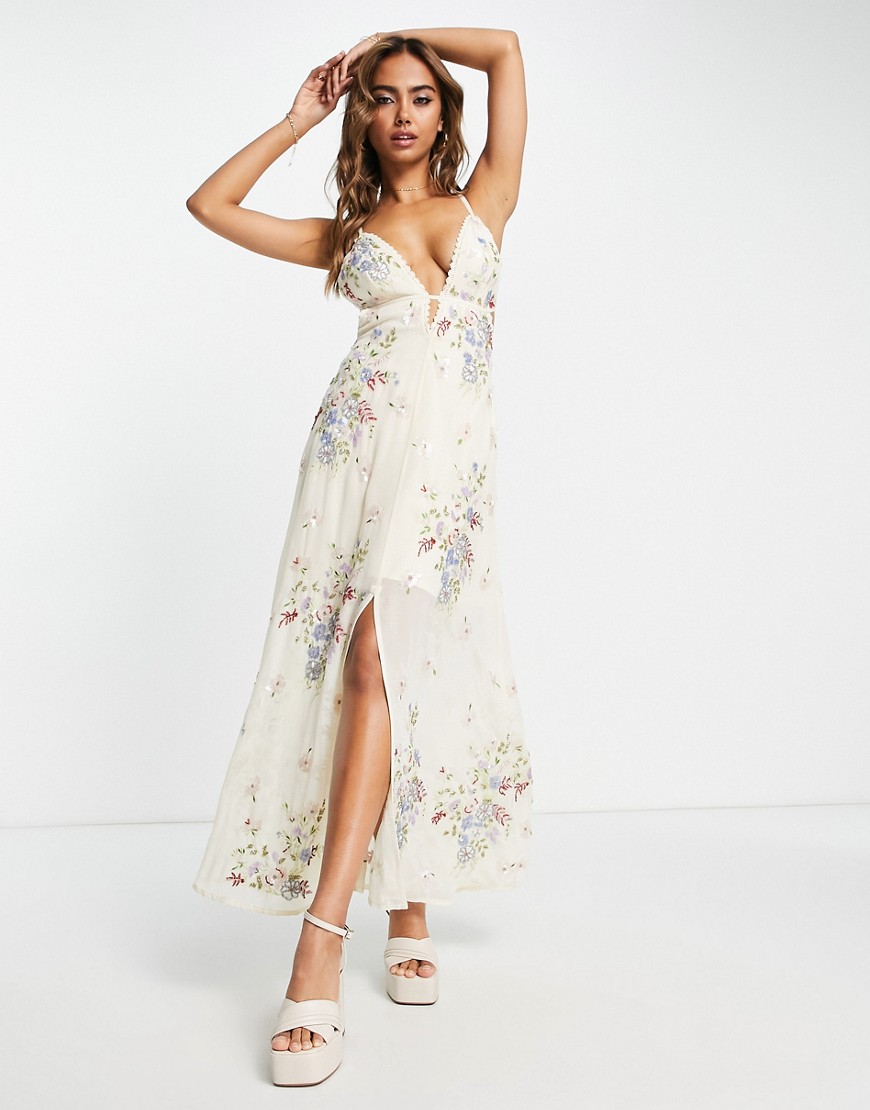 Miss Selfridge Premium embellished floral maxi dress in ivory-White