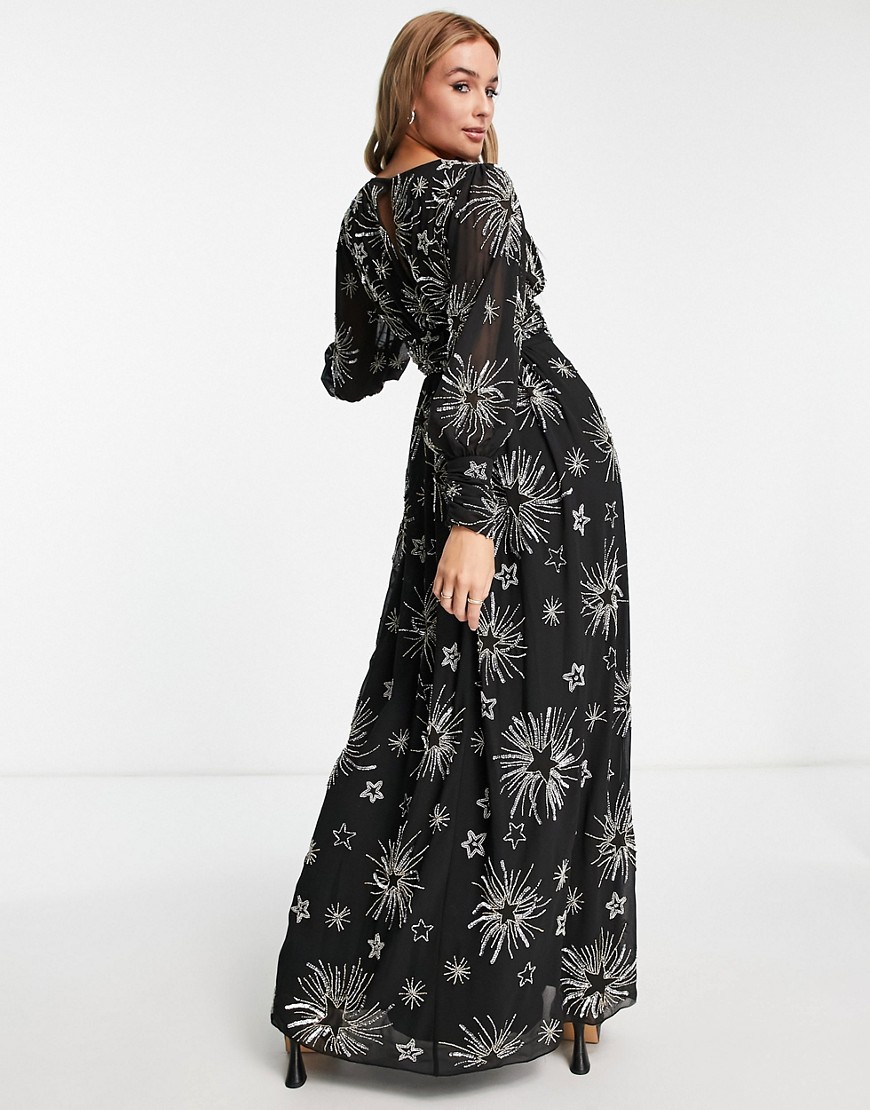 Miss Selfridge Premium embellished long sleeve maxi dress with star detail in black - BLACK