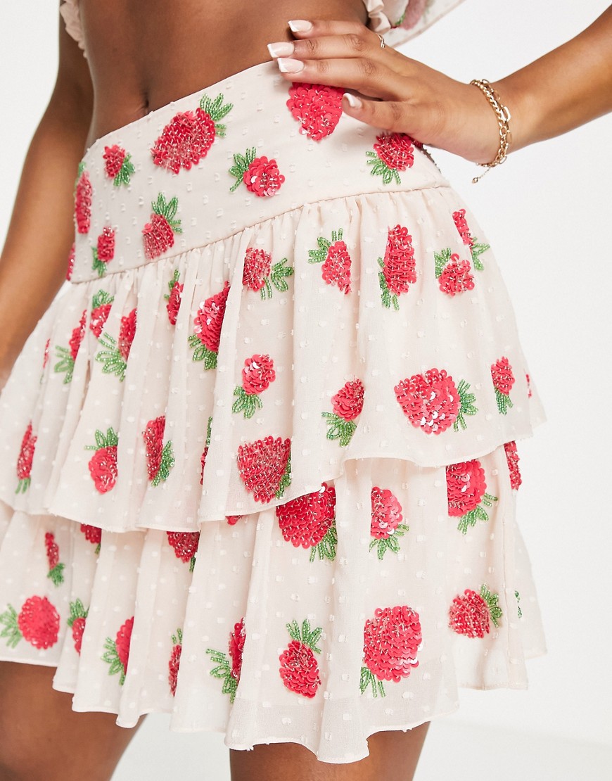 Miss Selfridge Premium embellished strawberry tierred mini skirt in ivory - IVORY-White