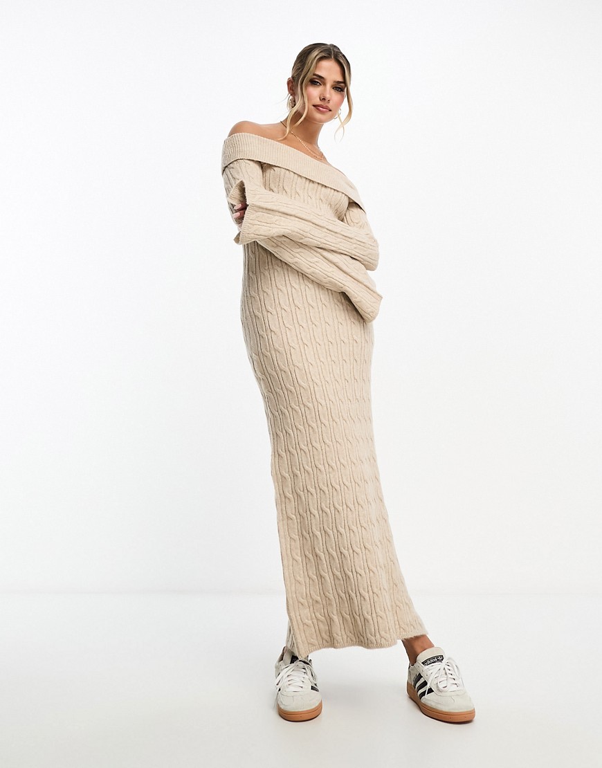 Miss Selfridge rib chunky foldover bardot knit maxi dress in oatmeal-Neutral