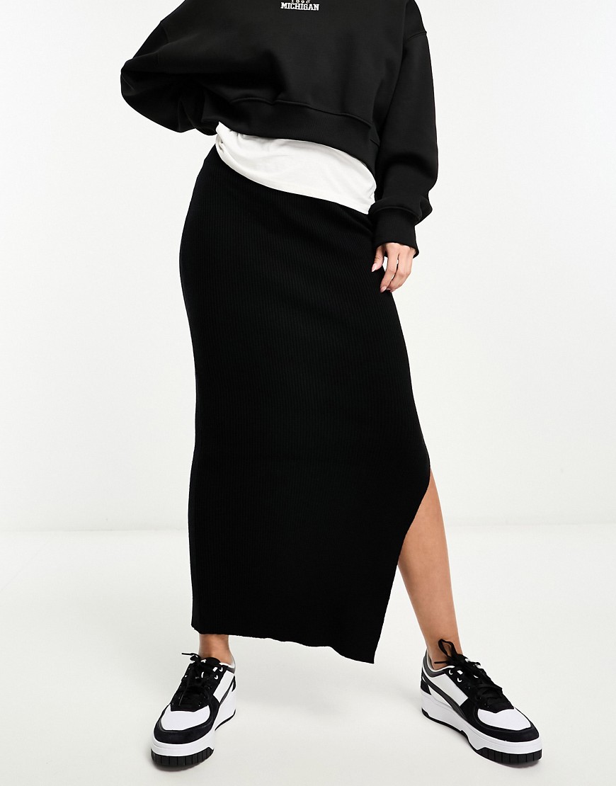 Miss Selfridge rib knit midi skirt in black