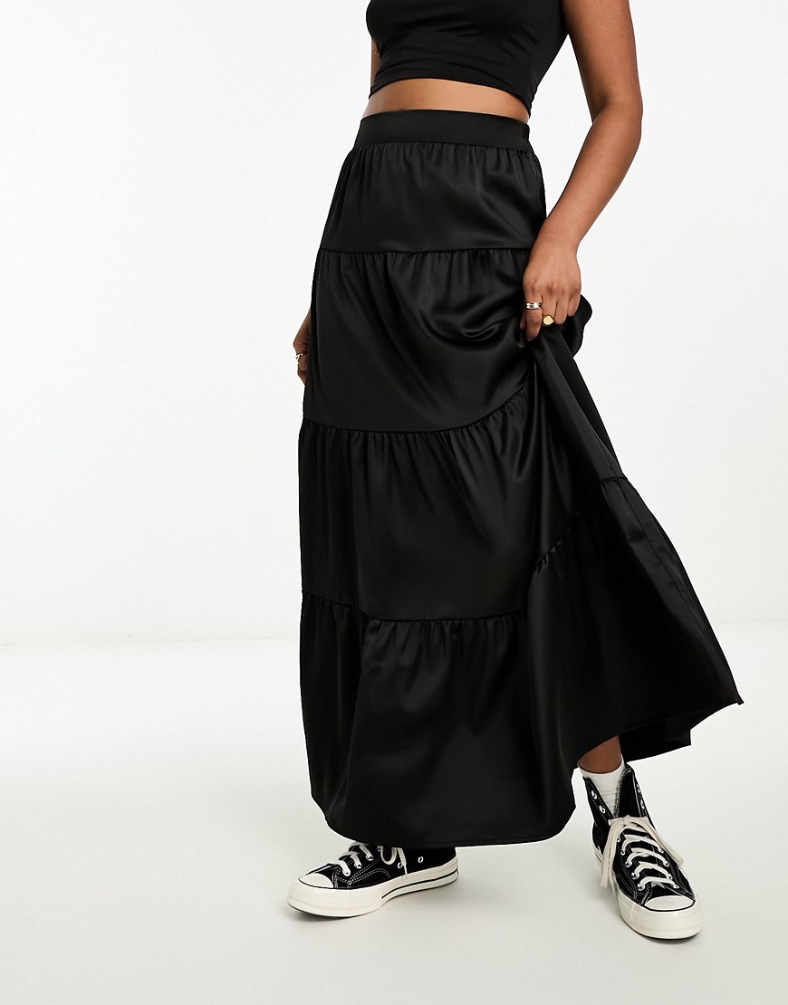 Miss Selfridge satin tiered maxi skirt in black