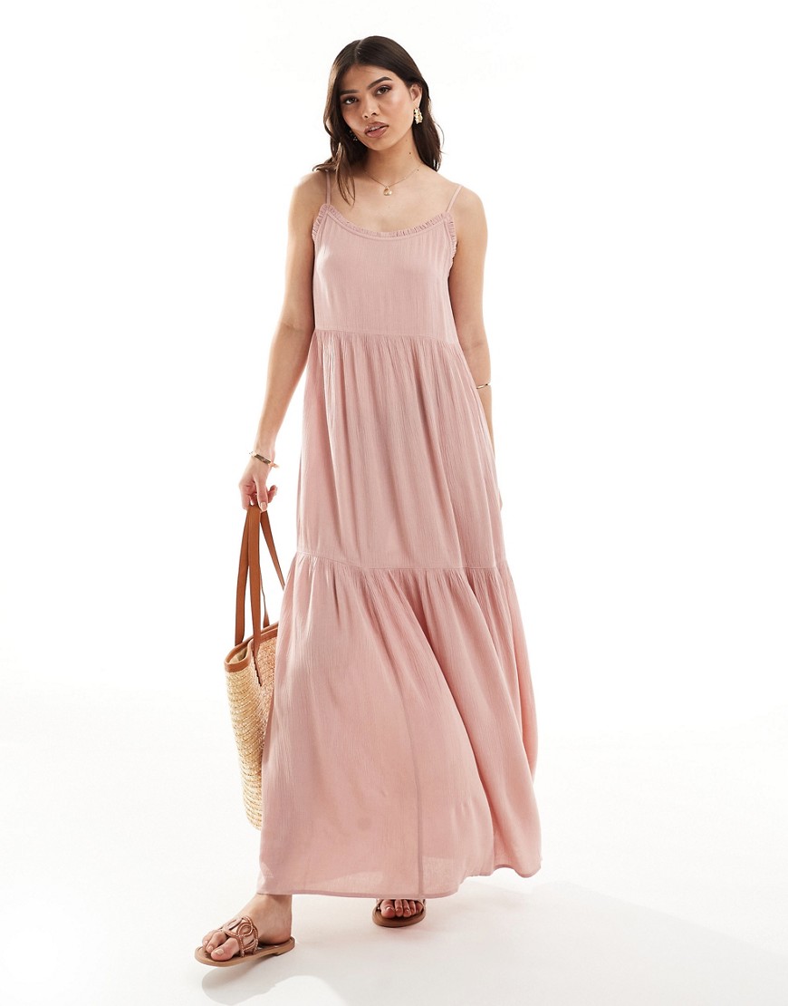 Miss Selfridge textured tiered maxi slip dress in soft pink