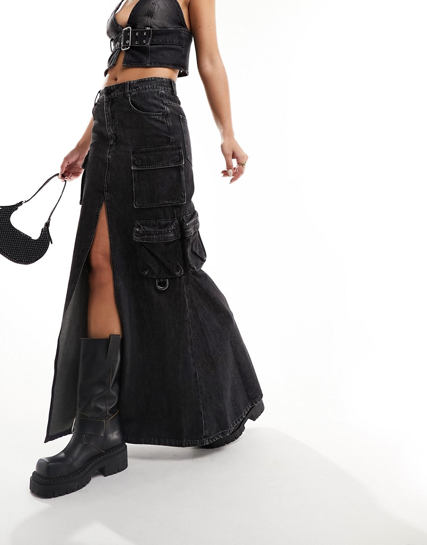 Miss Sixty cargo denim maxi skirt in black