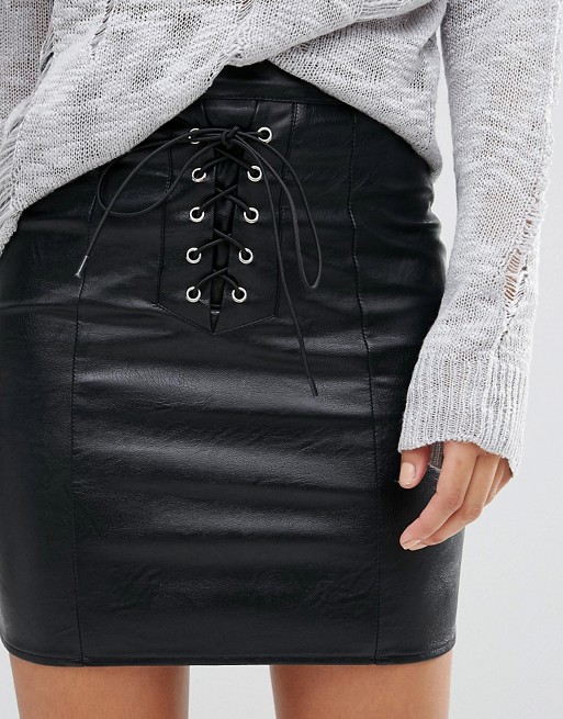 Missguided | Missguided Eyelet Lace Up Leather Look Mini Skirt