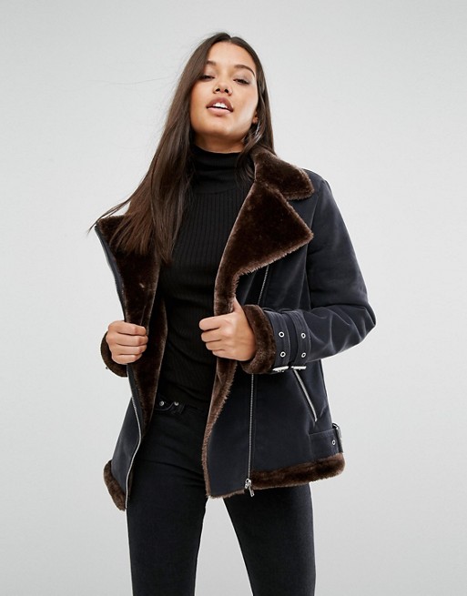 Missguided | Missguided Faux Fur Lined Aviator Jacket