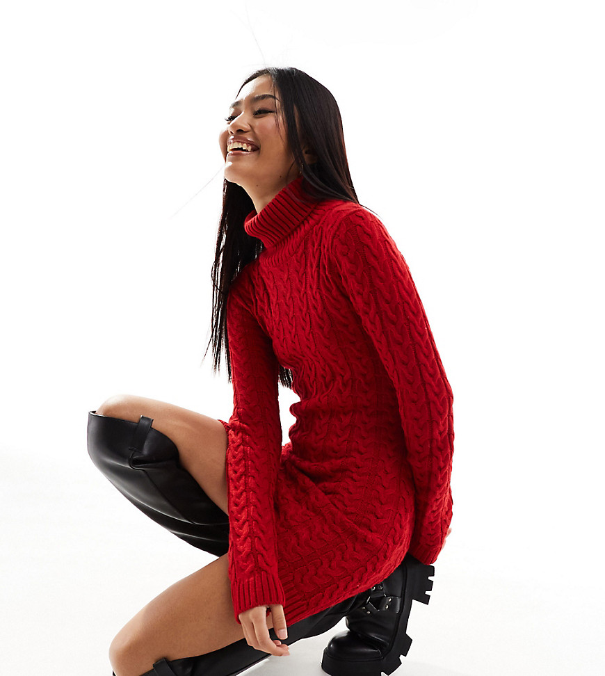 Missyempire exclusive cable knit roll neck mini jumper dress in red