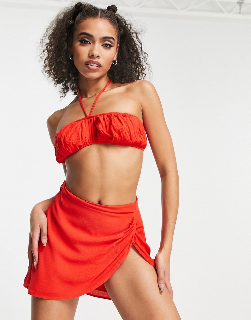 Missyempire ruched halterneck bralet co ord in tomato red