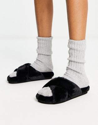 cross front slider slippers in black faux fur