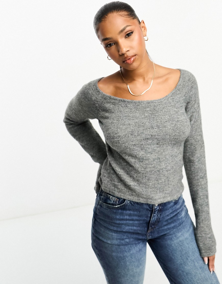Monki knitted long sleeve boat neck top in grey marl