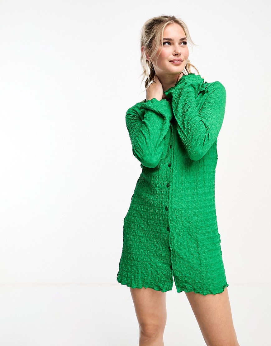 Monki long sleeve collar mini dress with lettuce hem edge in green
