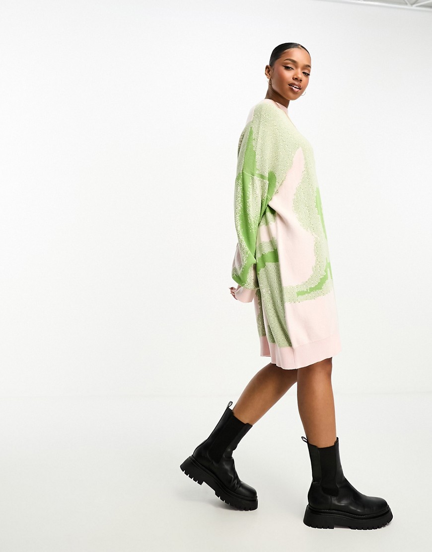 Monki long sleeve jacquard knitted jumper dress in pink and green blur print-Multi