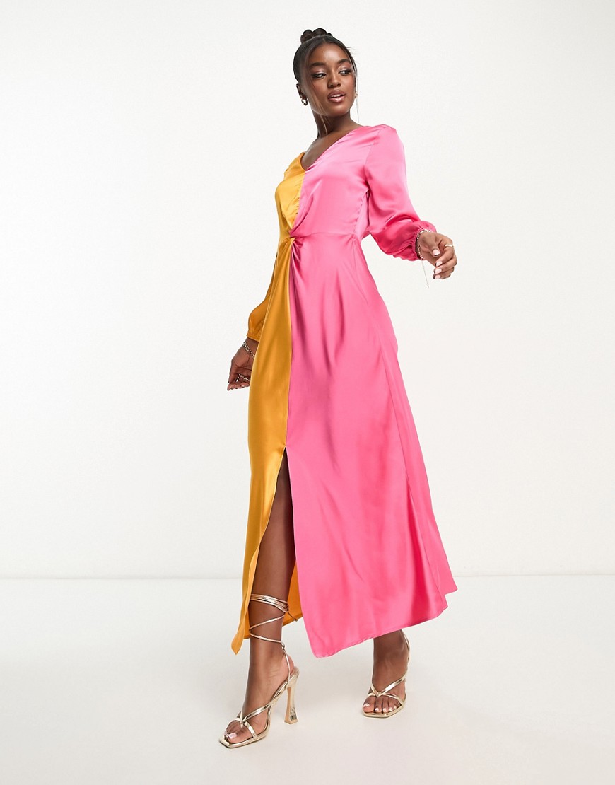 Monki long sleeve ruched satin colour block front maxi dress in multi