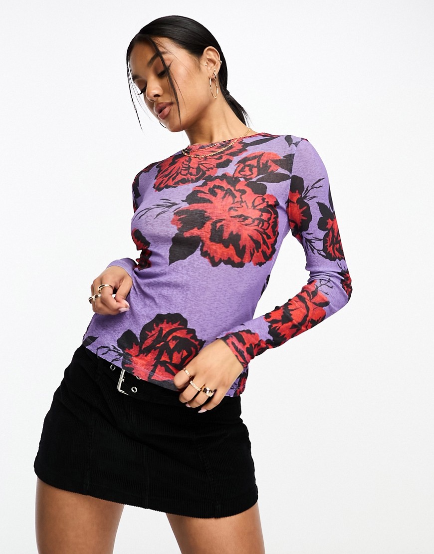 Monki long sleeve top in rose print-Multi
