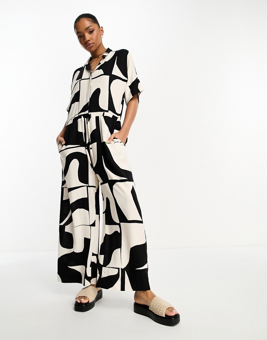 Monki loose fit jumpsuit in black and cream abstract print-Multi