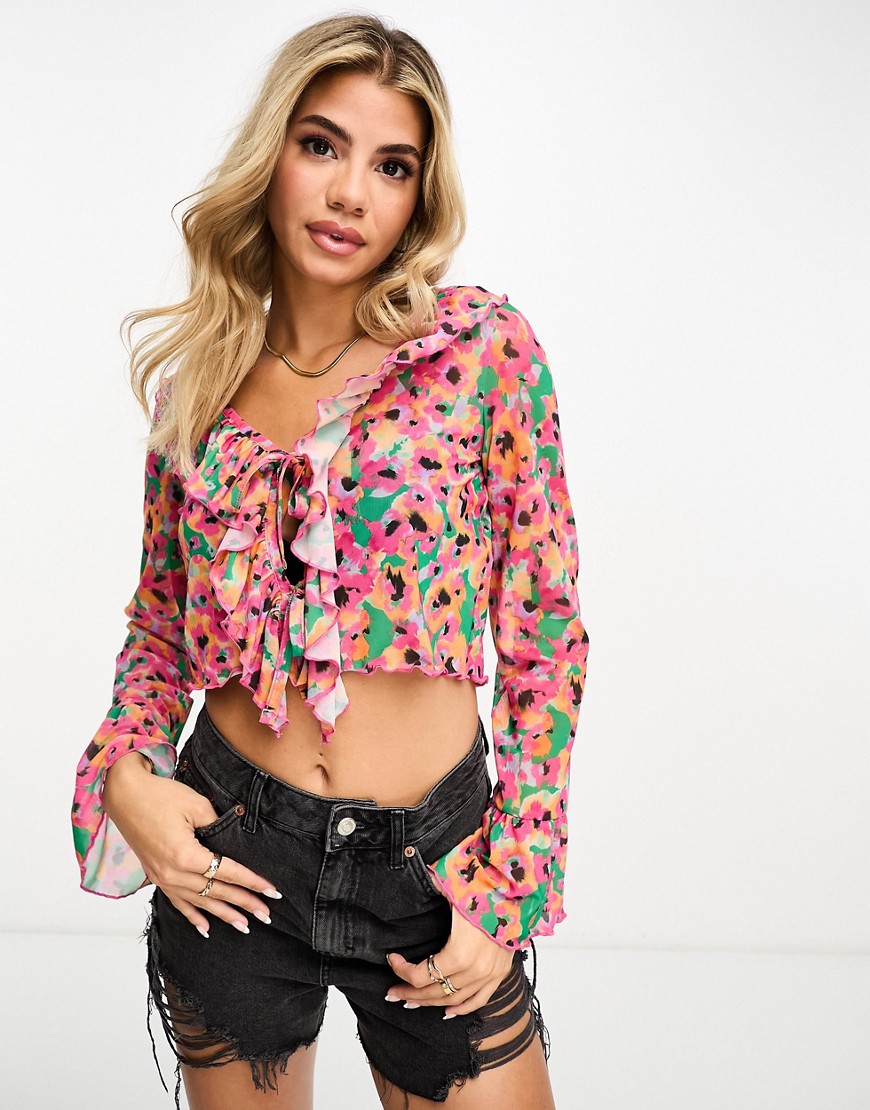 Monki mesh frill tie front cardigan in pink floral