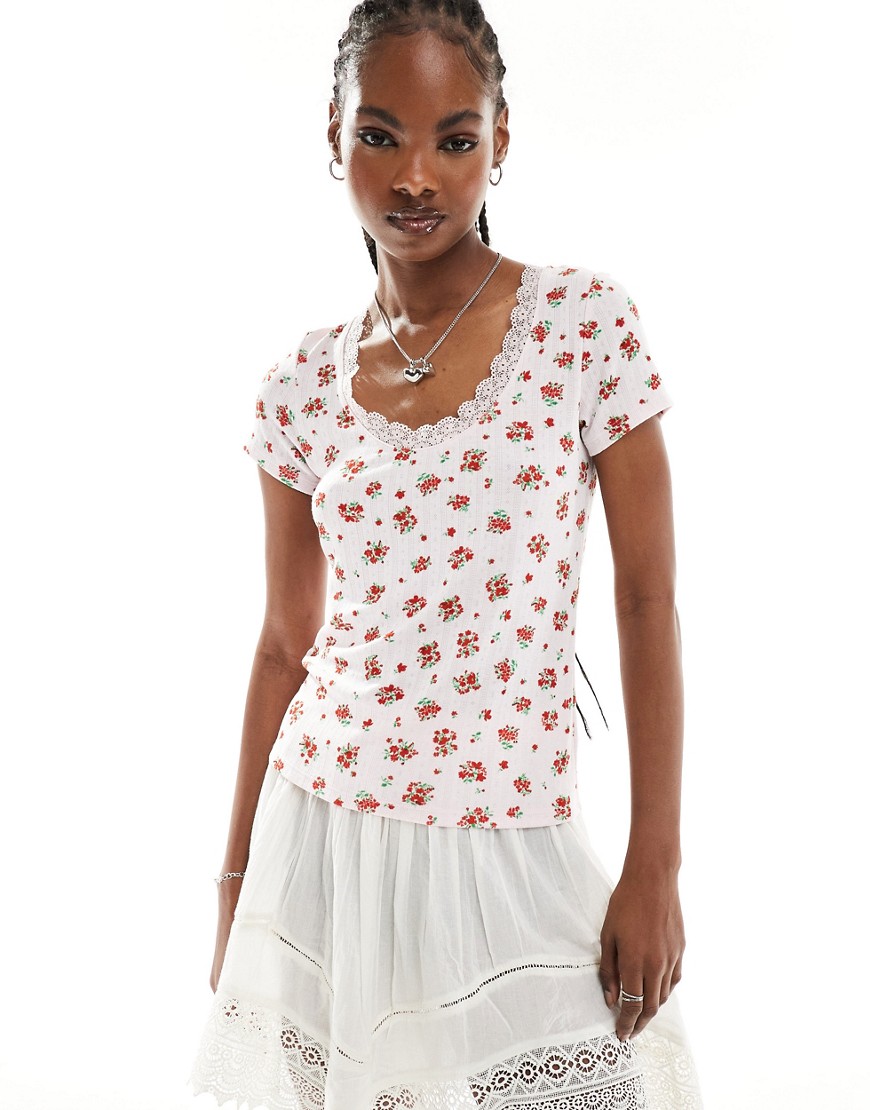 Monki pointelle top with scoop neck and lace trim in pink and red floral print-Multi