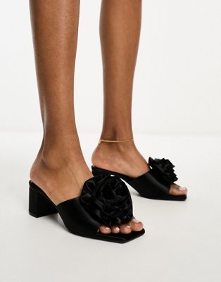 satin heeled mule sandals with flower in black