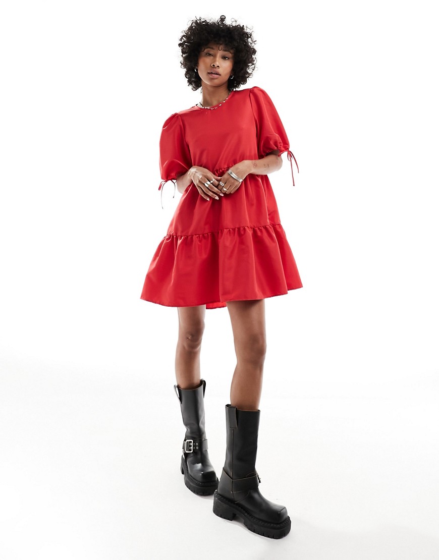 Monki short sleeve mini tiered dress with bow detail in red