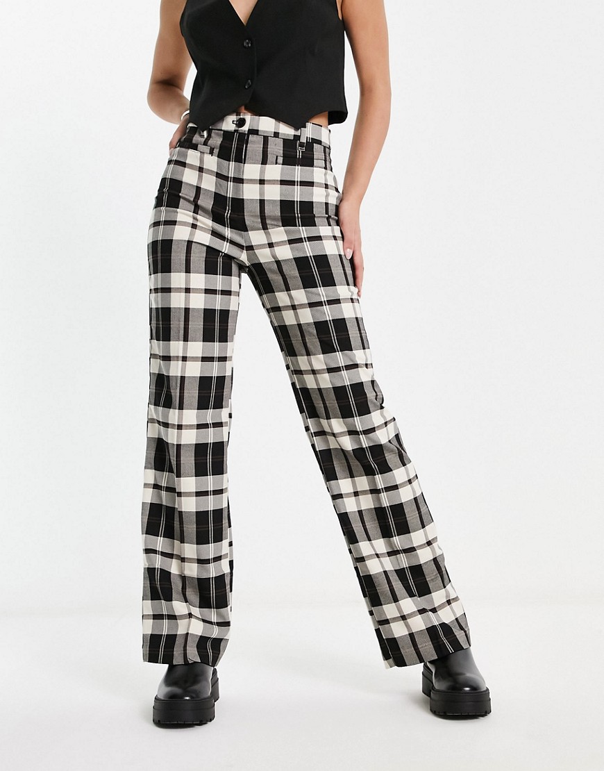 Monki tailored trousers in black and white tartan