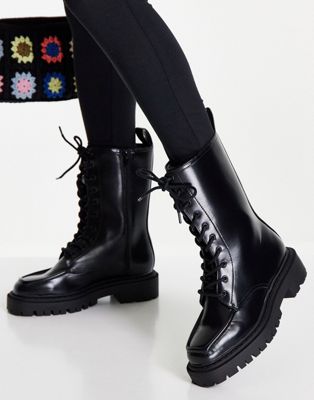 tall lace up chunky boots in black - BLACK