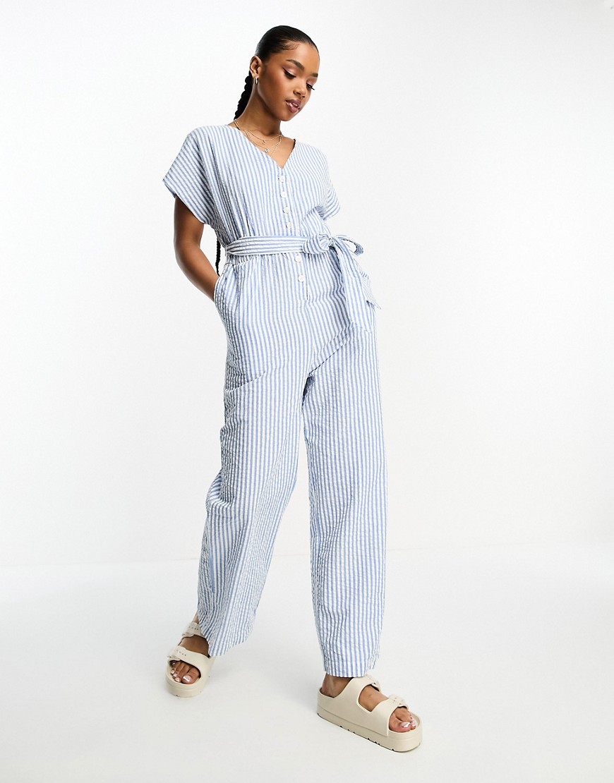 Monki tie waist poplin jumpsuit in blue and white stripe-Multi