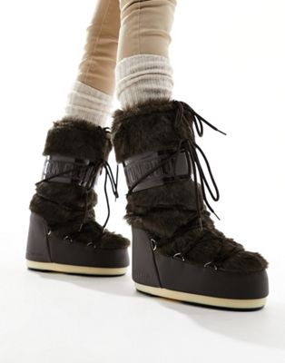 high ankle snow boots in brown faux fur