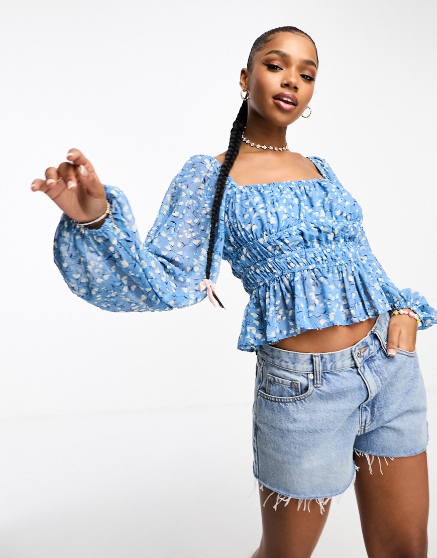 Moon River square neck long puff sleeve top in blue print