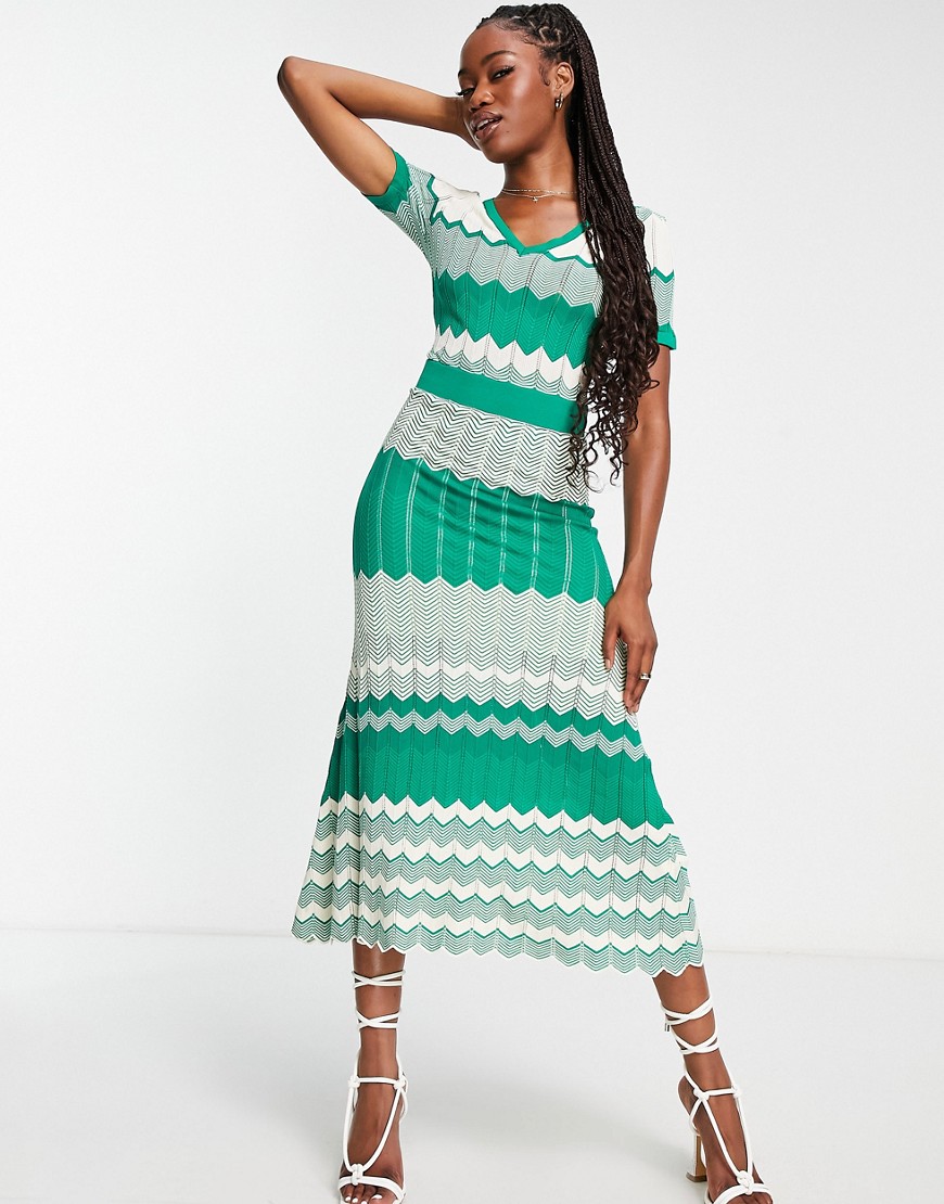 Morgan knitted contrast panel cap sleeve midi dress in green