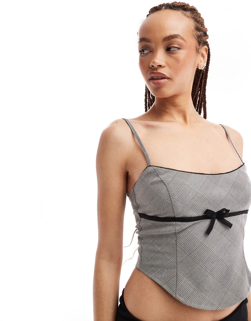 Motel bow detail checked cami top in grey