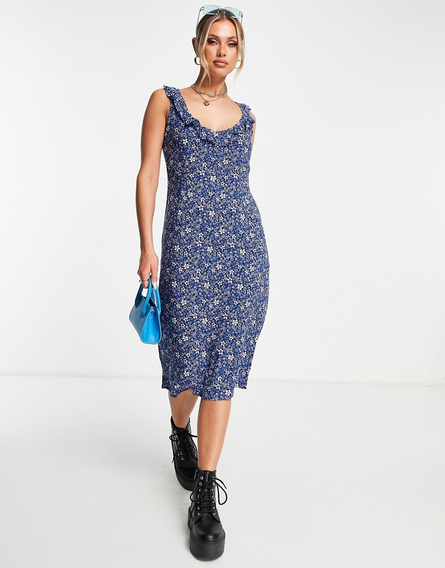 Motel scoop frill neck 90s midi dress in blue ditsy floral