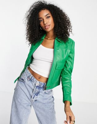 Mubaa Raysh retro leather bomber jacket in bright green - Click1Get2 Deals