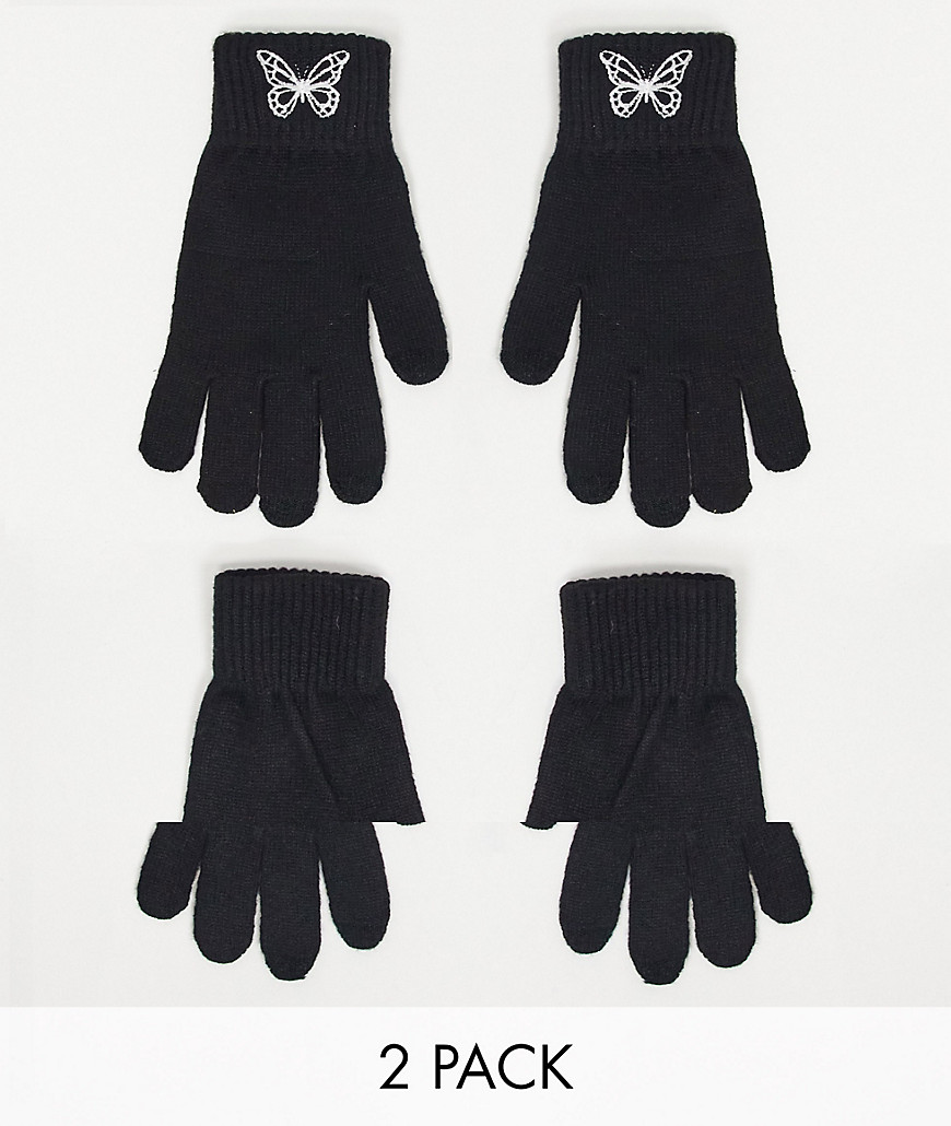 фото Набор из 2 пар черных перчаток для сенсорных экранов из переработанного полиэстера с вышивкой asos design-черный цвет
