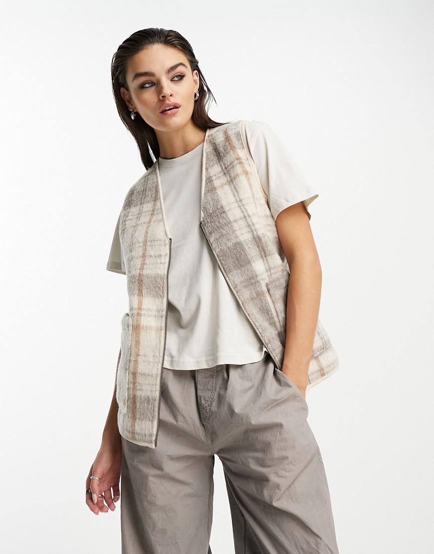 Native Youth brushed gilet vest in stone check-Neutral