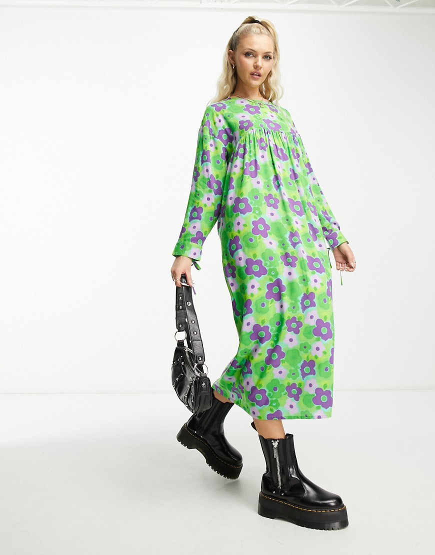 Native Youth cloud cut-out midaxi smock dress in green and purple floral-Multi