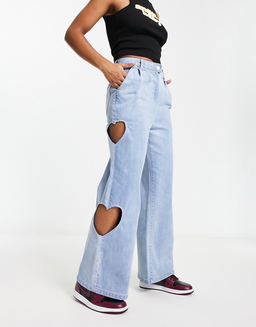 Native Youth cut out detail straight leg jeans in washed blue