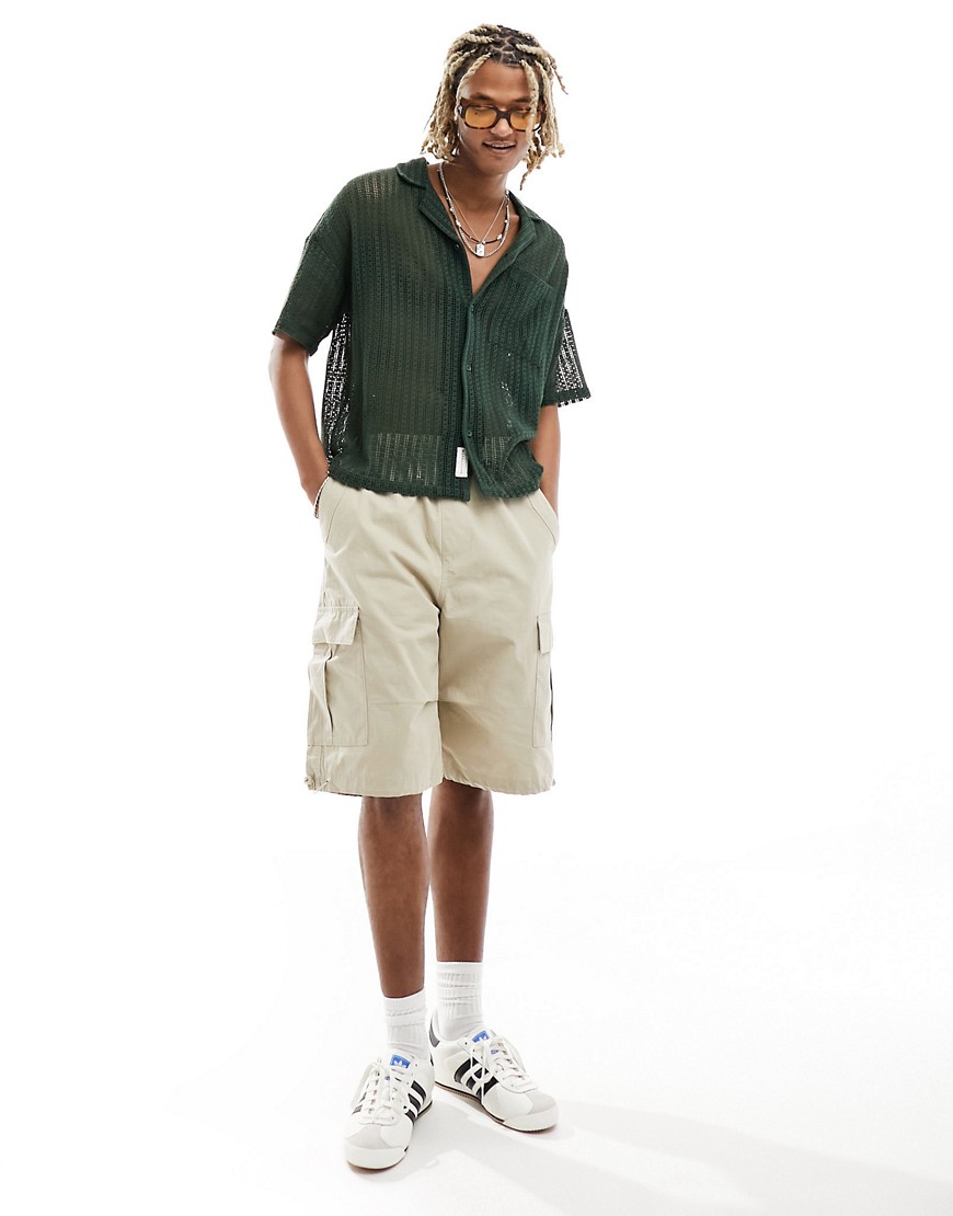 Native Youth mesh knit button through short sleeve shirt in dark green