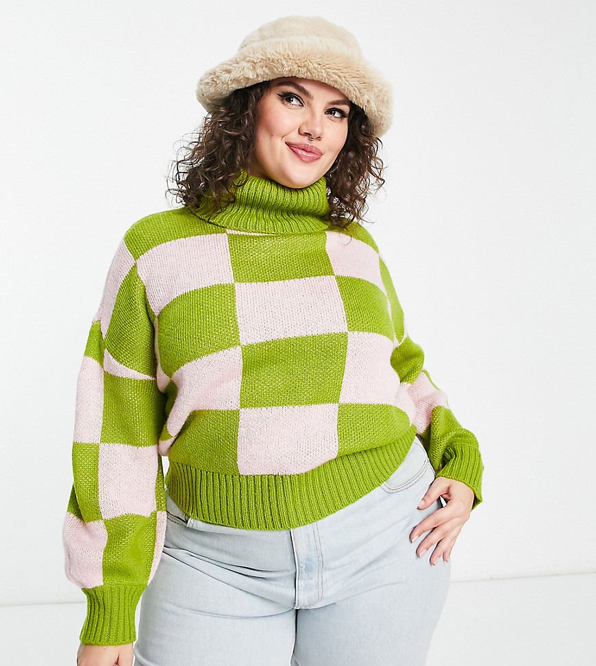 Native Youth Plus relaxed jumper with high neck in checkerboard knit-Multi