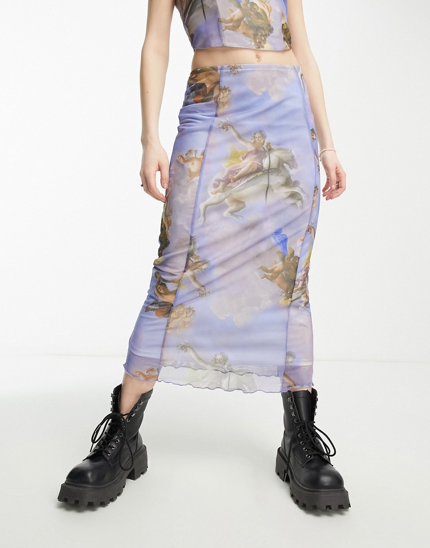 Neon & Nylon low rise midi skirt co-ord in cherub print-Blue